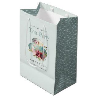 Teal Gold Floral Teacup Bridal Shower Tea Party Medium Gift Bag