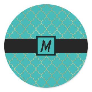 Teal & Gold Quatrefoil Monogrammed Party Classic Round Sticker