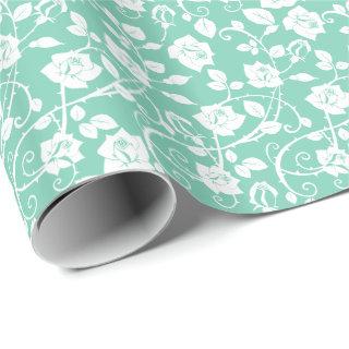 Teal-Green And White Stylized Roses Pattern