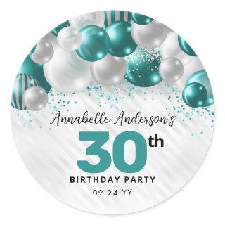 Teal Green Silver Balloon Glitter Favor Birthday Classic Round Sticker