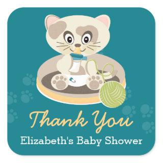 Teal Kitten in Diapers Cat Baby Shower Thank You Square Sticker
