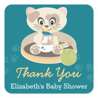 Teal Kitten in Diapers Cat Baby Shower Thank You Square Sticker