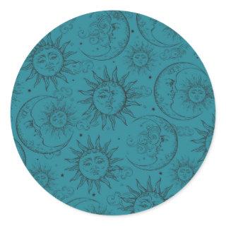 Teal Magic Vintage Celestial Sun Moon Stars Party Classic Round Sticker
