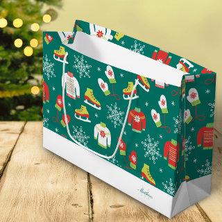Teal Monogram Snowflakes Pattern Family Christmas Large Gift Bag