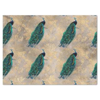 Teal Peacocks on Gold Decoupage Tissue Paper