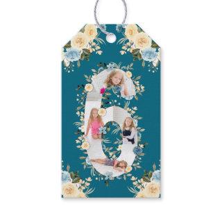 Teal Photo Collage 6th Birthday Blue Yellow Flower Gift Tags