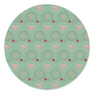 Teal Primitive Country Style Gingham Hearts Classic Round Sticker