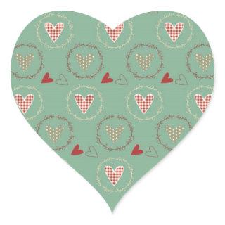 Teal Primitive Country Style Gingham Hearts Heart Sticker
