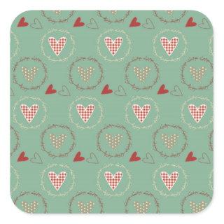 Teal Primitive Country Style Gingham Hearts Square Sticker
