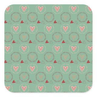 Teal Primitive Country Style Gingham Hearts Square Sticker