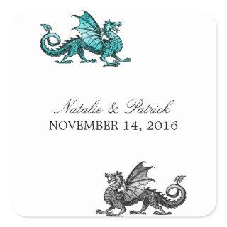 Teal Silver Dragon Wedding Stickers