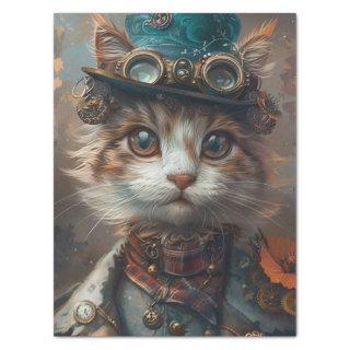 Teal Steampunk Cat with Teal Hat Decoupage  Tissue Paper