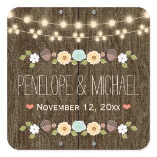 Teal String of Lights Rustic Fall Acorn Wedding Square Sticker