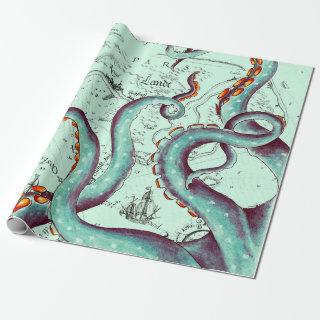 Teal Tentacles On Teal Vintage Map