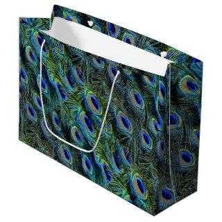 Teal Turquoise Colorful Peacock Feathers Large Gift Bag
