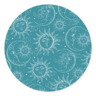 Teal Vintage Celestial Sun Moon Stars Party Classic Round Sticker