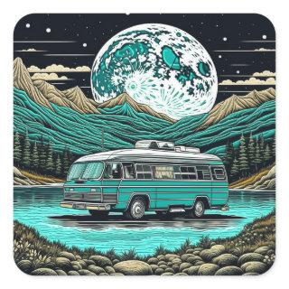 Teal Vintage RV Camper in the Mountains Retro Square Sticker