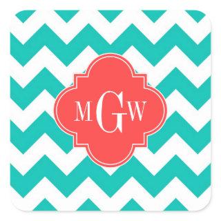 Teal White Chevron Coral Quatrefoil 3 Monogram Square Sticker