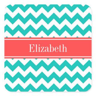 Teal White Chevron ZigZag Coral Name Monogram Square Sticker