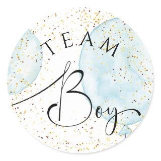 Team boy gender reveal watercolor blue balloons  classic round sticker