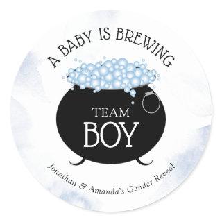 Team Boy Halloween Baby Is Brewing Gender Reveal  Classic Round Sticker