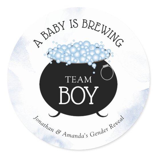 Team Boy Halloween Baby Is Brewing Gender Reveal  Classic Round Sticker