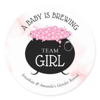 Team Girl Halloween Baby Is Brewing Gender Reveal  Classic Round Sticker