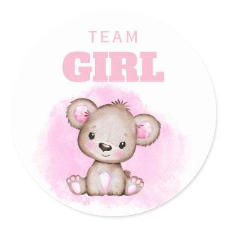Team Girl Pink Bear Gender Reveal Classic Round Sticker