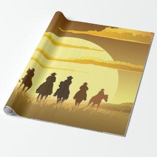 Team of cowboys silhouette galloping against a sun