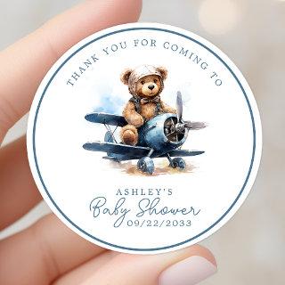Teddy Bear Airplane Watercolor Baby Thank You Classic Round Sticker