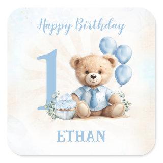 Teddy Bear Birthday Boy Blue Beige Stickers