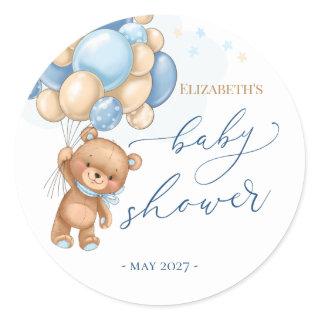 Teddy Bear Blue Balloons Baby Shower Classic Round Sticker