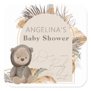 Teddy Bear Dried leaves Boho Baby Shower Square Sticker