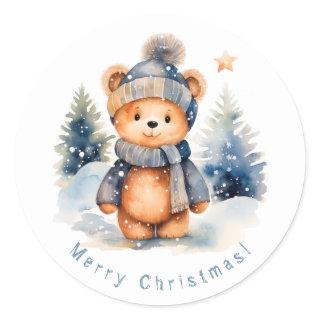 Teddy bear in the forest, personalized classic round sticker