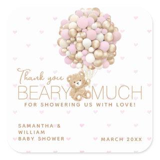 Teddy Bear Pink Heart & Balloon Baby Girl Shower Square Sticker