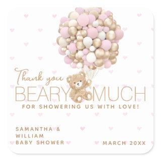 Teddy Bear Pink Heart & Balloon Baby Girl Shower Square Sticker