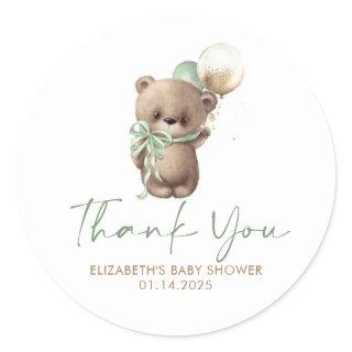Teddy Bear Sage Brown Gold Baby Shower Thank You Classic Round Sticker