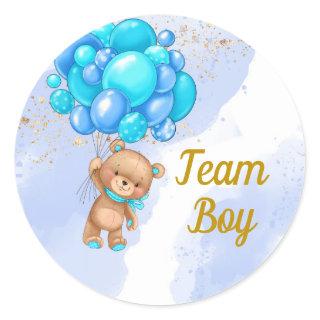 Teddy Bear Team Boy Gender Reveal Party Classic Round Sticker