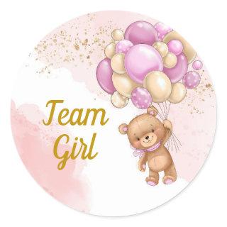 Teddy Bear Team Girl Gender Reveal Party  Classic Round Sticker