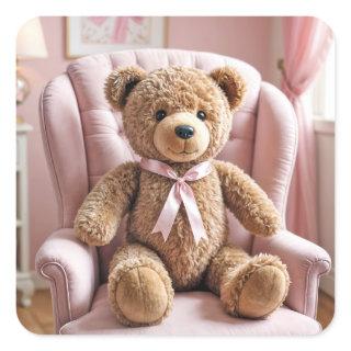 Teddy Bear With Pink Bow Square Sticker