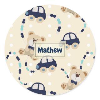Teddy Bears and Cars Baby Boy Pattern Classic Round Sticker