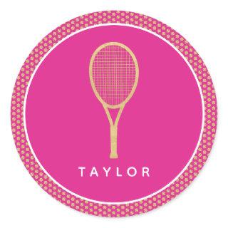 Tennis Chic Pink Gold Custom Name Classic Round Sticker