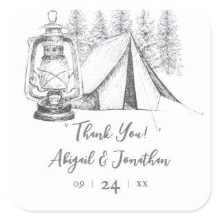 Tent, Lantern and Woodland Sketch Camping Wedding Square Sticker