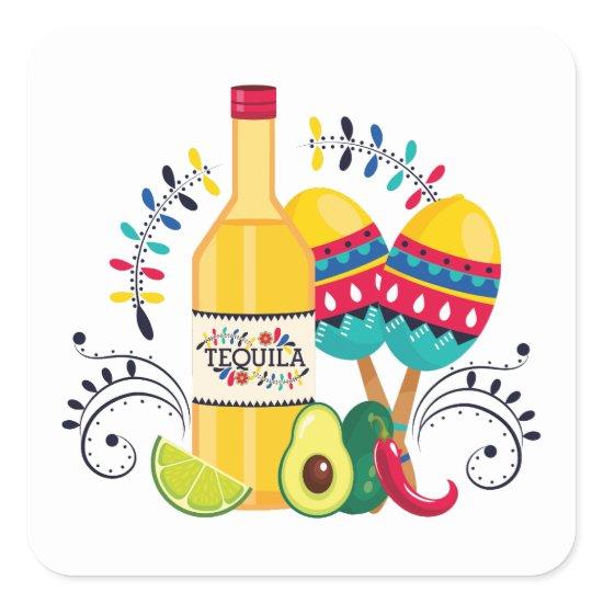 Tequila, Maracas Mexican Folk Art Square Sticker