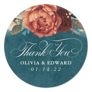 Terracotta and Teal Blue Thank You Floral Classic Round Sticker