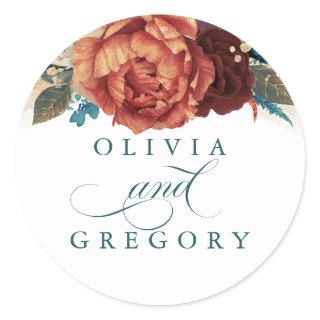 Terracotta and Teal Floral Wedding Classic Round Sticker
