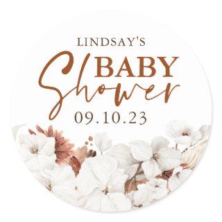 Terracotta and White Flowers Boho Baby Shower Classic Round Sticker