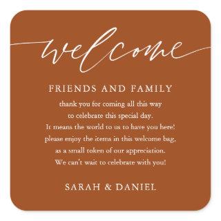 Terracotta Rust Wedding Welcome Gift Bag Basket  Square Sticker