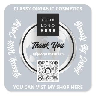 Thank Business QR Code Logo Silver MAP Globe  Gray Square Sticker