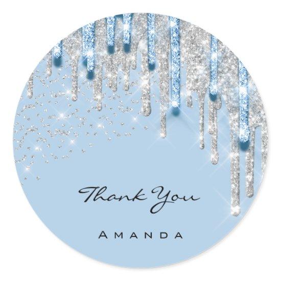 Thank Name 16th Bridal Silver Glitter 3D Blue Classic Round Sticker